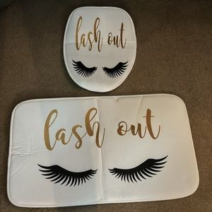 Toilet seat cover and bath mat. Black, White, and Gold. New.
